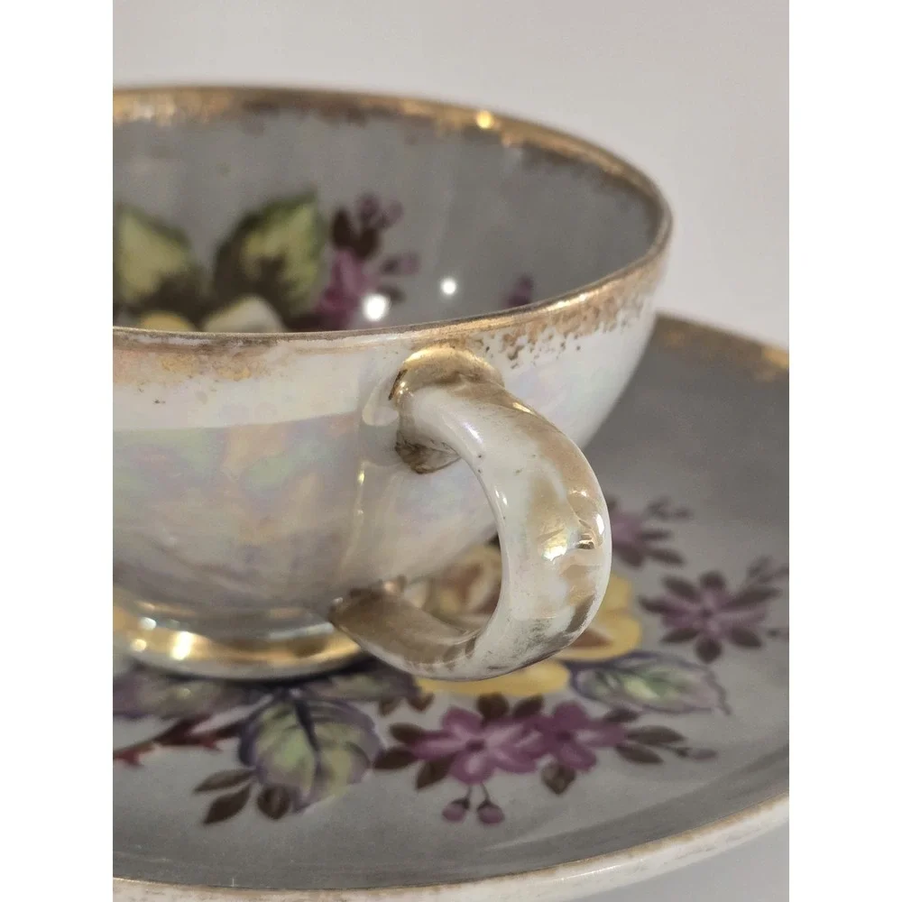 HB China Tea Cup Floral 2191 White Iridescent Gold Trim Gray Lusterware Roses